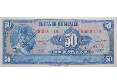 Банкнота Мексика 50 (пятьдесят) песо 1970 год. Серия BIW. Pick 49S. UNC