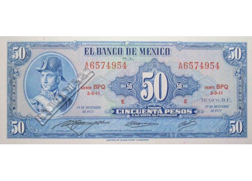 Банкнота Мексика 50 (пятьдесят) песо 1972 год. Серия BPQ. Pick 49u1. UNC