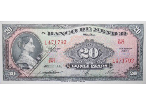 Банкнота Мексика 20 (двадцать) песо 1965 год. Серия BAT. Pick 54l. UNC