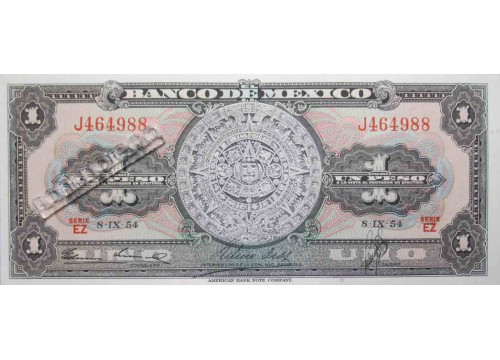 Банкнота Мексика 1 (один) песо 1954 год. Серия EZ. Pick 56b4. UNC