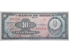 Банкнота Мексика 10 (десять) песо 1959 год. Серия HU. Pick 58f. UNC