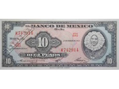 Банкнота Мексика 10 (десять) песо 1965 год. Серия BAU. Pick 58k1. UNC