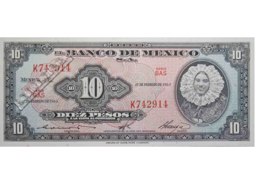 Банкнота Мексика 10 (десять) песо 1965 год. Серия BAU. Pick 58k1. UNC
