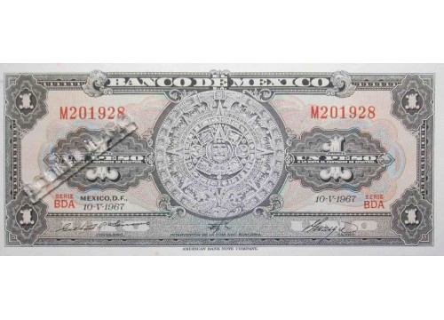 Банкнота Мексика 1 (один) песо 1967 год. Серия BEB. Pick 59j. UNC