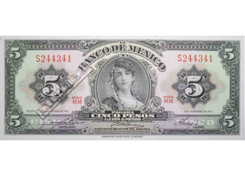 Банкнота Мексика 5 (пять) песо 1961 год. Серия MM. Pick 60g. UNC