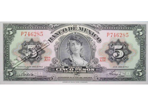 Банкнота Мексика 5 (пять) песо 1963 год. Серия AIH. Pick 60h1. UNC
