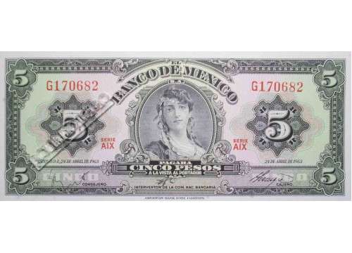 Банкнота Мексика 5 (пять) песо 1963 год. Серия AIX. Pick 60h4. UNC