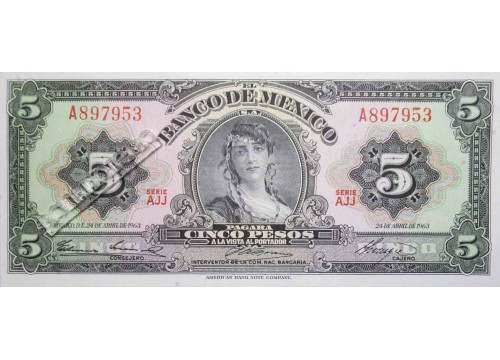 Банкнота Мексика 5 (пять) песо 1963 год. Серия AJJ. Pick 60h9. UNC