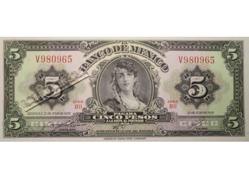 Банкнота Мексика 5 (пять) песо 1979 год. Серия BII. Pick 60k. UNC