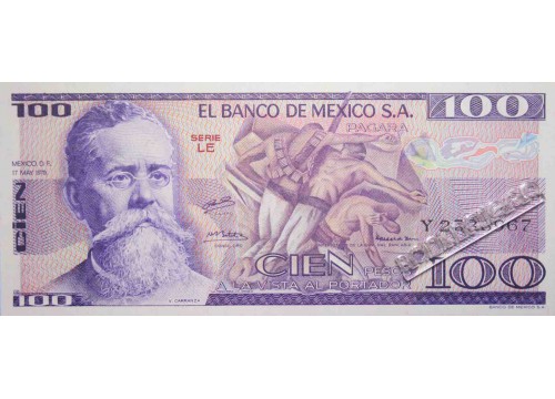 Банкнота Мексика 100 (сто) песо 1979 год. Pick 68b2. Серия LE. UNC