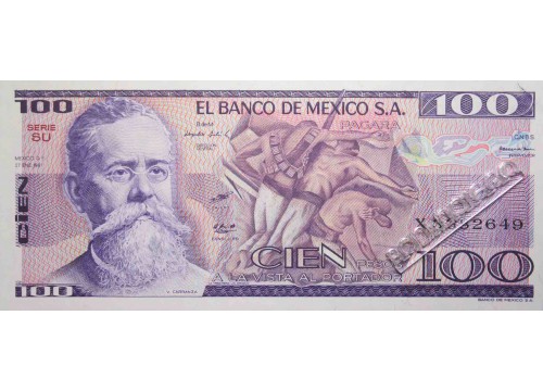 Банкнота Мексика 100 (сто) песо 1981 год. Pick 74a1. Серия SU. UNC