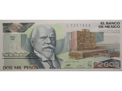 Банкнота Мексика 2000 (две тысячи) песо 1989 год. Pick 86c. Серия L. UNC