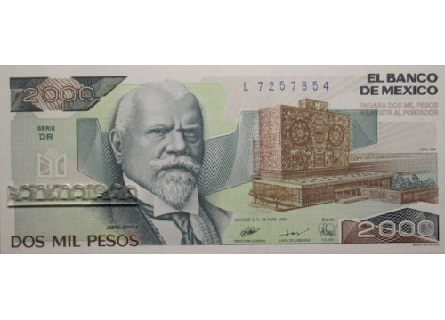 Банкнота Мексика 2000 (две тысячи) песо 1989 год. Pick 86c. Серия L. UNC