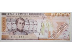 Банкнота Мексика 5000 (пять тысяч) песо 1987 год. Pick 88b1. Серия JY. UNC