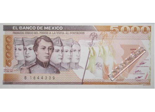 Банкнота Мексика 5000 (пять тысяч) песо 1987 год. Pick 88b1. Серия JY. UNC