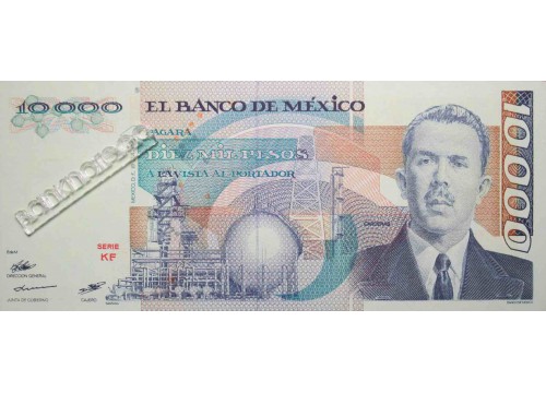 Банкнота Мексика 10000 (десять тысяч) песо 1985 год. Pick 89.1. Серия KF. UNC