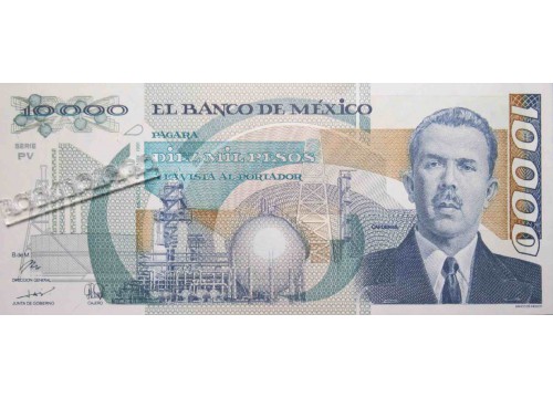Банкнота Мексика 10000 (десять тысяч) песо 1991 год. Pick 90d2. Серия PV. UNC