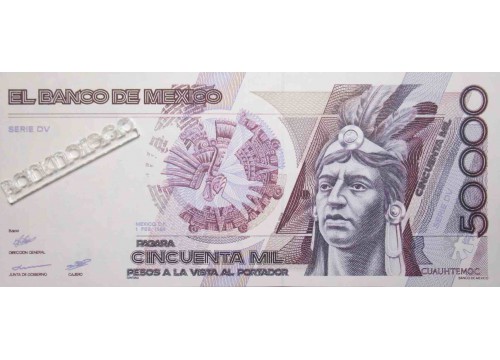 Банкнота Мексика 50000 (пятьдесят тысяч) песо 1988 год. Pick 93a1. Серия DV. UNC