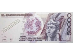 Банкнота Мексика 50000 (пятьдесят тысяч) песо 1990 год. Pick 93b1. Серия FU. UNC