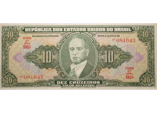 Банкнота Бразилия 10 (десять) крузейро 1950 год. Pick 143. UNC