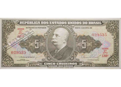 Банкнота Бразилия 5 (пять) крузейро 1953-59 год. Pick 158b. UNC