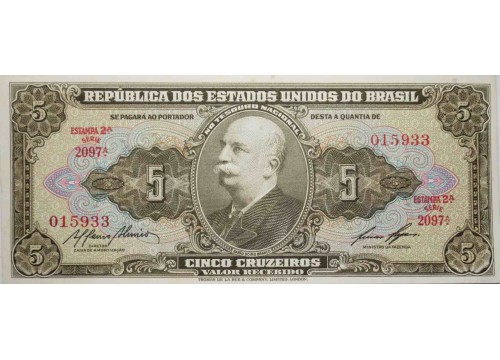Банкнота Бразилия 5 (пять) крузейро 1953-59 год. Pick 158e. UNC
