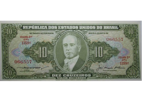 Банкнота Бразилия 10 (десять) крузейро 1953-60 год. Pick 159c. UNC