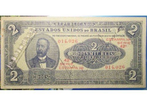 Банкнота Бразилия 2 (два) крузейро 1921 год. Pick 16. VF
