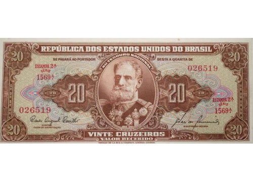 Банкнота Бразилия 20 (двадцать) крузейро 1955-61 год. Pick 160d. UNC