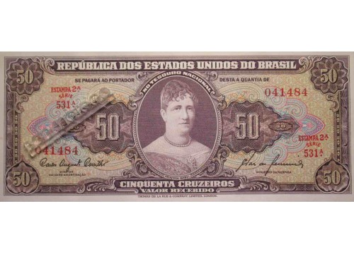 Банкнота Бразилия 50 (пятьдесят) крузейро 1954-61 год. Pick 161c. UNC