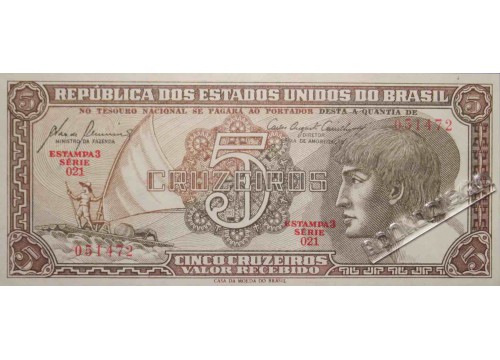 Банкнота Бразилия 5 (пять) крузейро 1961 год. Pick 166a. UNC