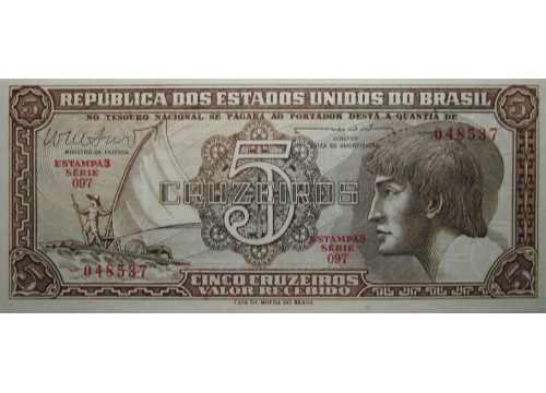 Банкнота Бразилия 5 (пять) крузейро 1961-62 год. Pick 166b. UNC