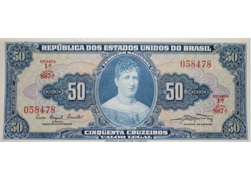 Банкнота Бразилия 50 (пятьдесят) крузейро 1961 год. Pick 169. VF