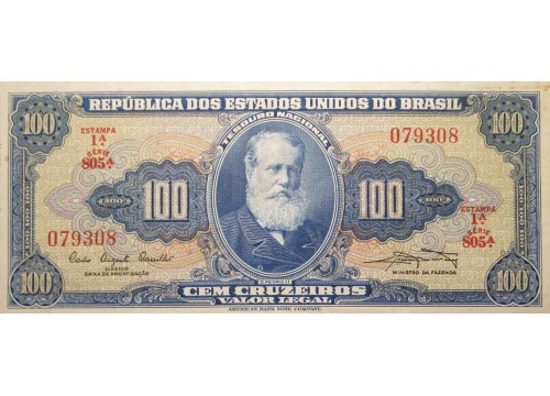 Банкнота Бразилия 100 (сто) крузейро 1961 год. Pick 170a. UNC