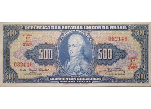 Банкнота Бразилия 500 (пятьсот) крузейро 1961-62 год. Pick 172a. UNC