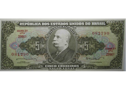 Банкнота Бразилия 5 (пять) крузейро 1962 год. Pick 176a. UNC