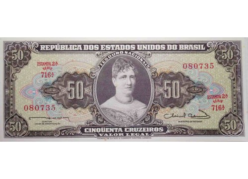 Банкнота Бразилия 50 (пятьдесят) крузейро 1963 год. Pick 179. UNC