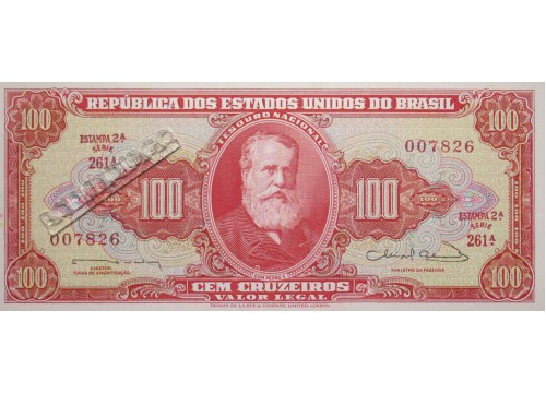 Банкнота Бразилия 100 (сто) крузейро 1963 год. Pick 180. UNC