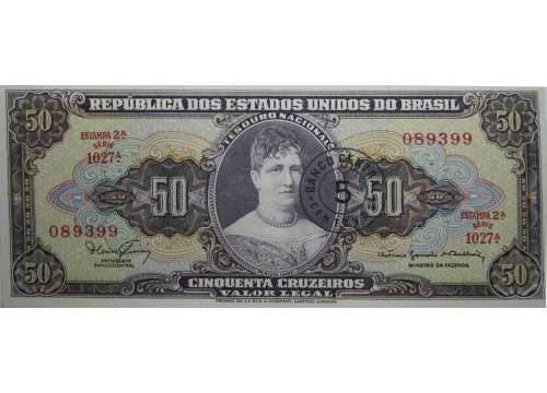 Банкнота Бразилия 50 (пятьдесят) крузейро 1966-67 год. Pick 184a. UNC