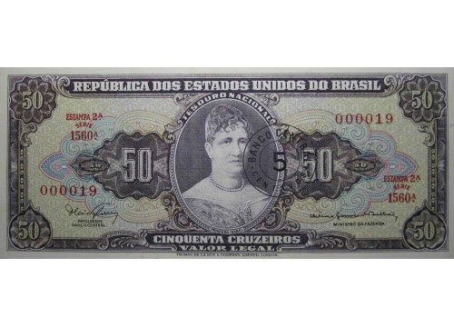 Банкнота Бразилия 50 (пятьдесят) крузейро 1966-67 год. Pick 184b. UNC