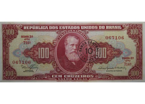 Банкнота Бразилия 100 (сто) крузейро 1966-67 год. Pick 185a. UNC