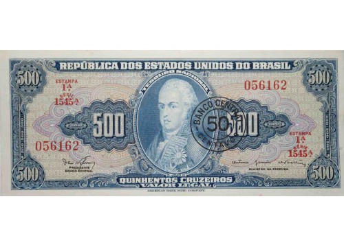 Банкнота Бразилия 500 (пятьсот) крузейро 1967 год. Pick 186. UNC