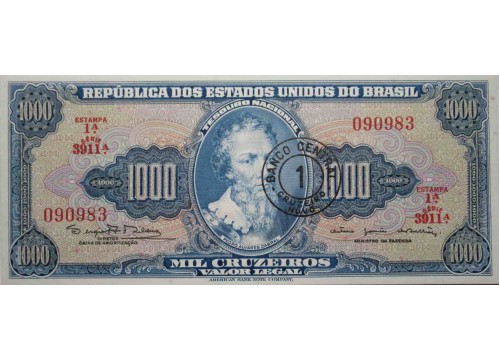 Банкнота Бразилия 1000 (тысяча) крузейро 1966-67 год. Pick 187a. UNC