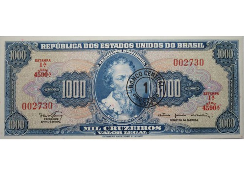 Банкнота Бразилия 1000 (тысяча) крузейро 1966-67 год. Pick 187b. UNC