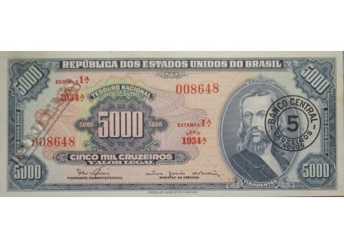 Банкнота Бразилия 5000 (пять тысяч) крузейро 1967 год. Pick 188b. AUNC
