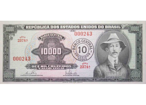 Банкнота Бразилия 10000 (десять тысяч) крузейро 1967 год. Pick 189c. UNC