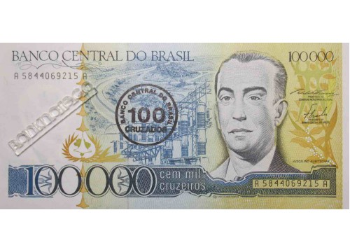 Банкнота Бразилия 100000 (сто тысяч) крузейро 1986 год. Pick 208. UNC