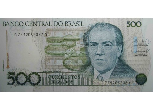 Банкнота Бразилия 500 (пятьсот) крузадо 1988 год. Pick 212d. UNC