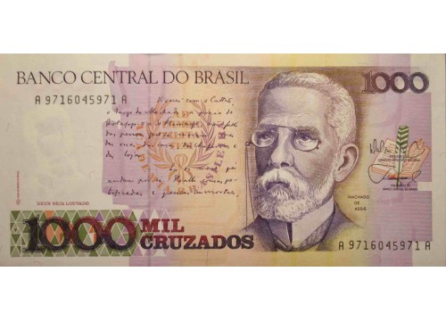 Банкнота Бразилия 1000 (тысяча) крузадо 1988 год. Pick 213a. UNC