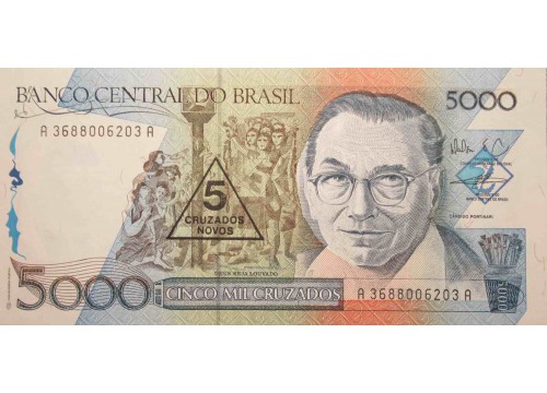 Банкнота Бразилия 5000 (пять тысяч) крузадо 1989 год. Pick 217b. UNC